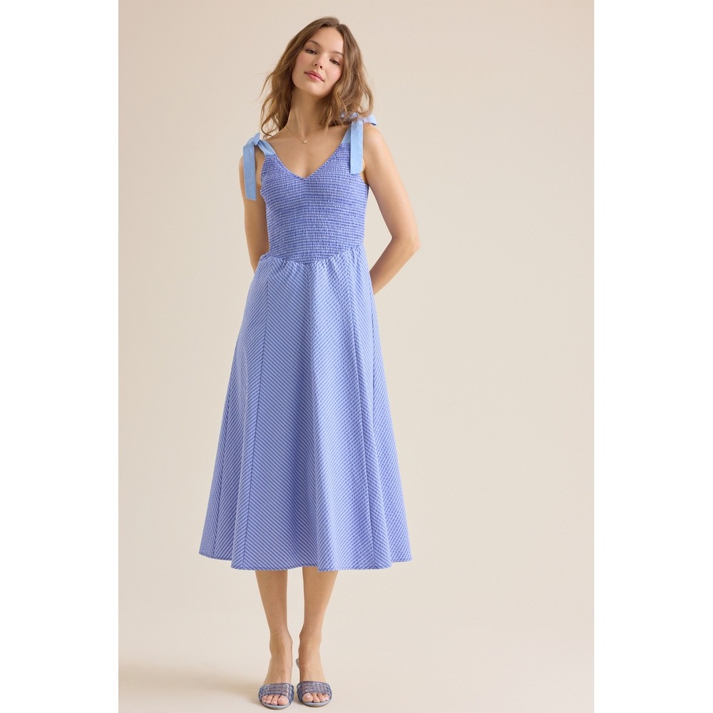 Altard State Blue White Striped Smocked Maxi Dress‎ Tie Shoulder Size XS